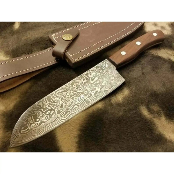 Pattern-Welded Damascus Drop Point Hunter — Full Tang, Rose wood, Premium Leather Sheath