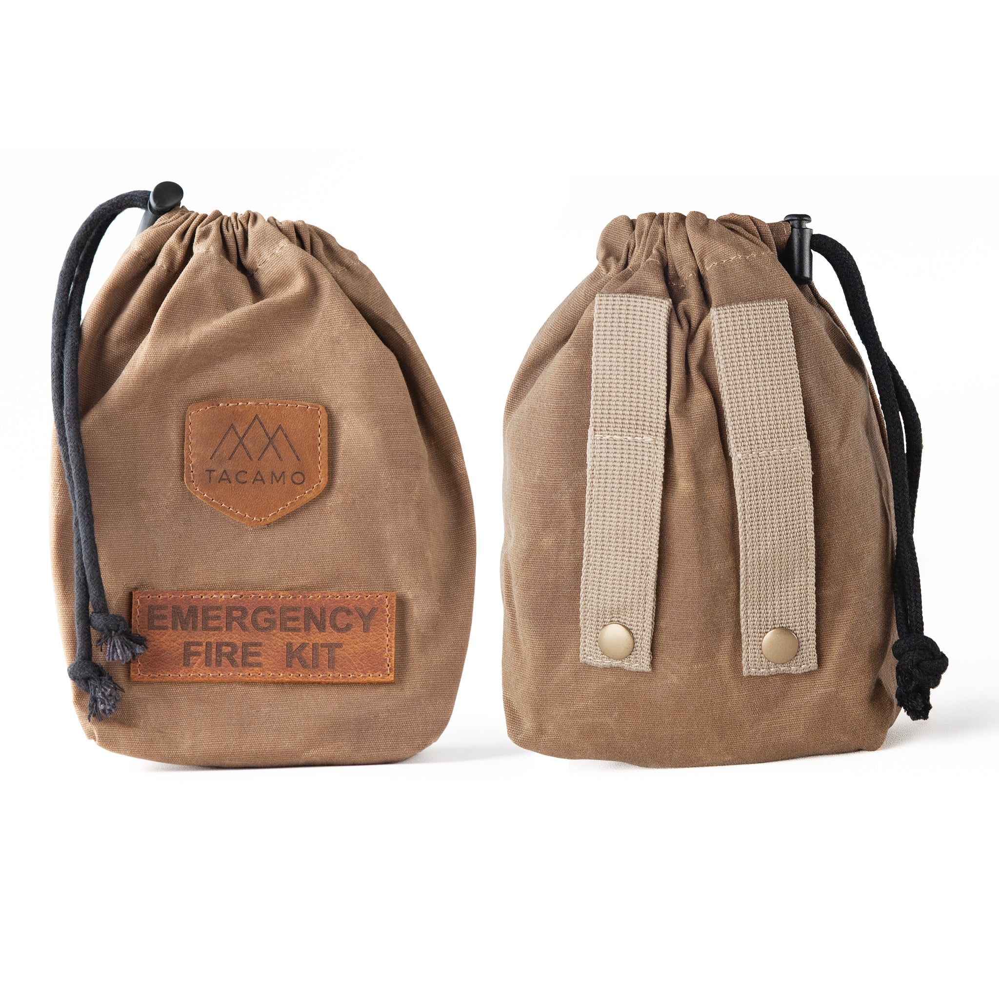 Two views of brown drawstring bag with labels on a white background